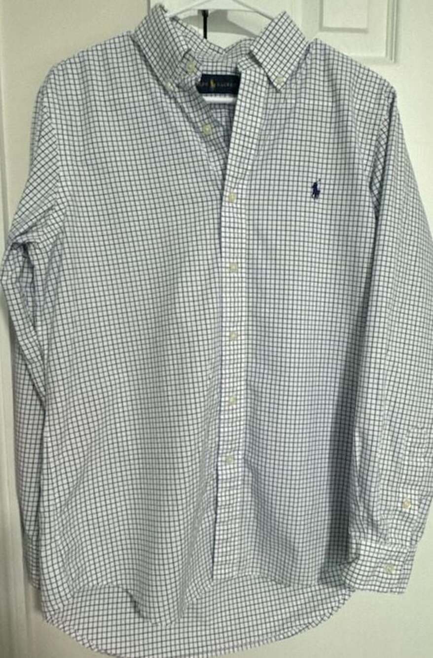 Polo Ralph Lauren Men's White and Blue Plaid Long Sleeve Button Down Shirt